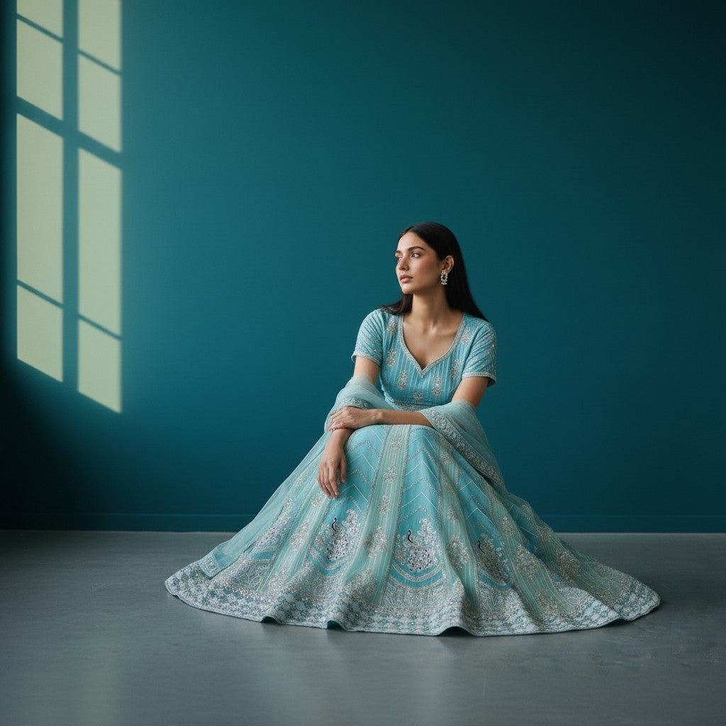 Sky Blue Georgette Lehenga Set with Silver Sequin & Peacock Motifs, Sheer Dupatta