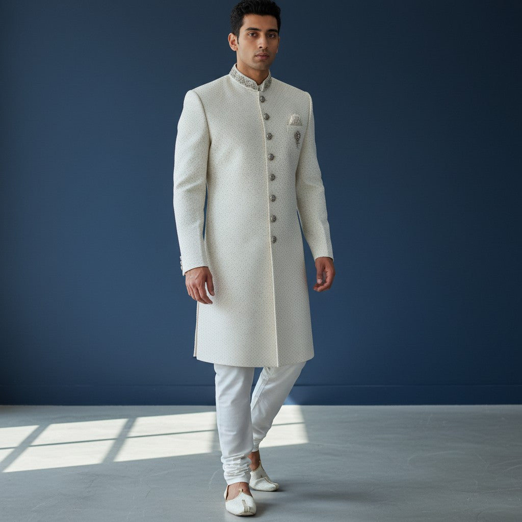 A White Self Design Sherwani