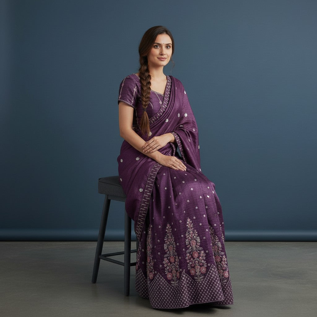 Royal Purple Crinkled Silk Lehenga Choli with Floral Embroidery and Draped Dupatta