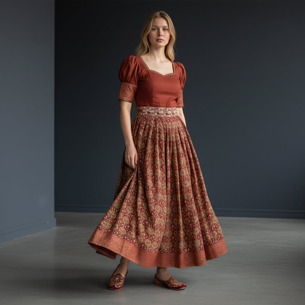 Silk Cotton Crop Top with Floral Print Skirt