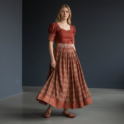 Silk Cotton Crop Top with Floral Print Skirt