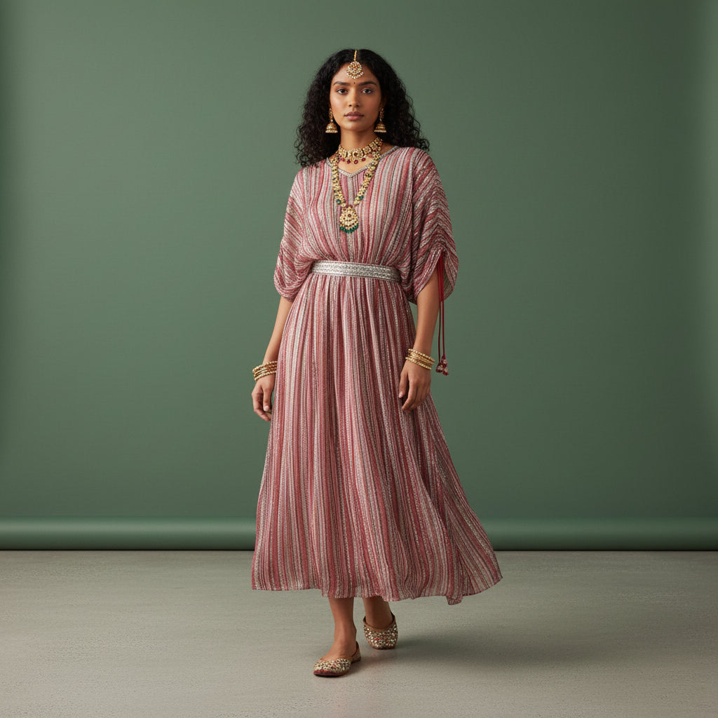Striped/Zig-zag Pleated Gown with Silver Belt