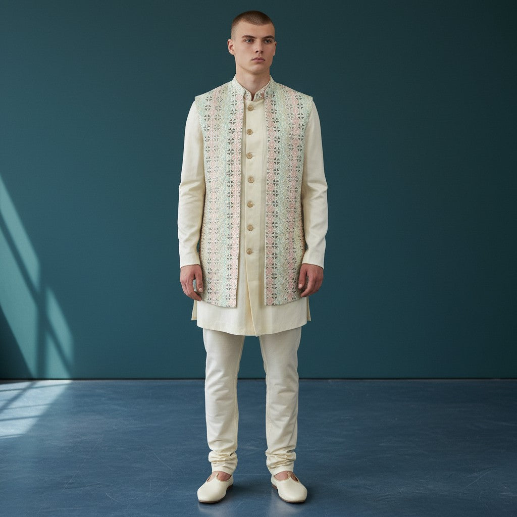 A Multi Colored Self Design Sherwani