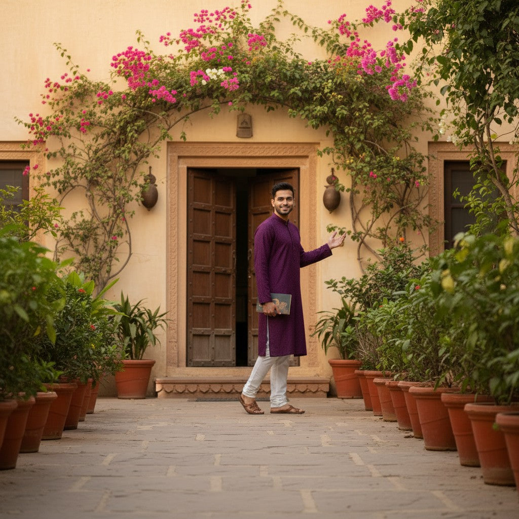 Men's Purple Kurta Set with Kuttu Borders