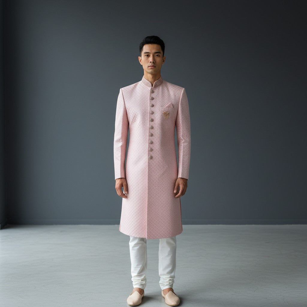 Pink Embroidered Men's Sherwani - Traditional Ethnic Kurta Set