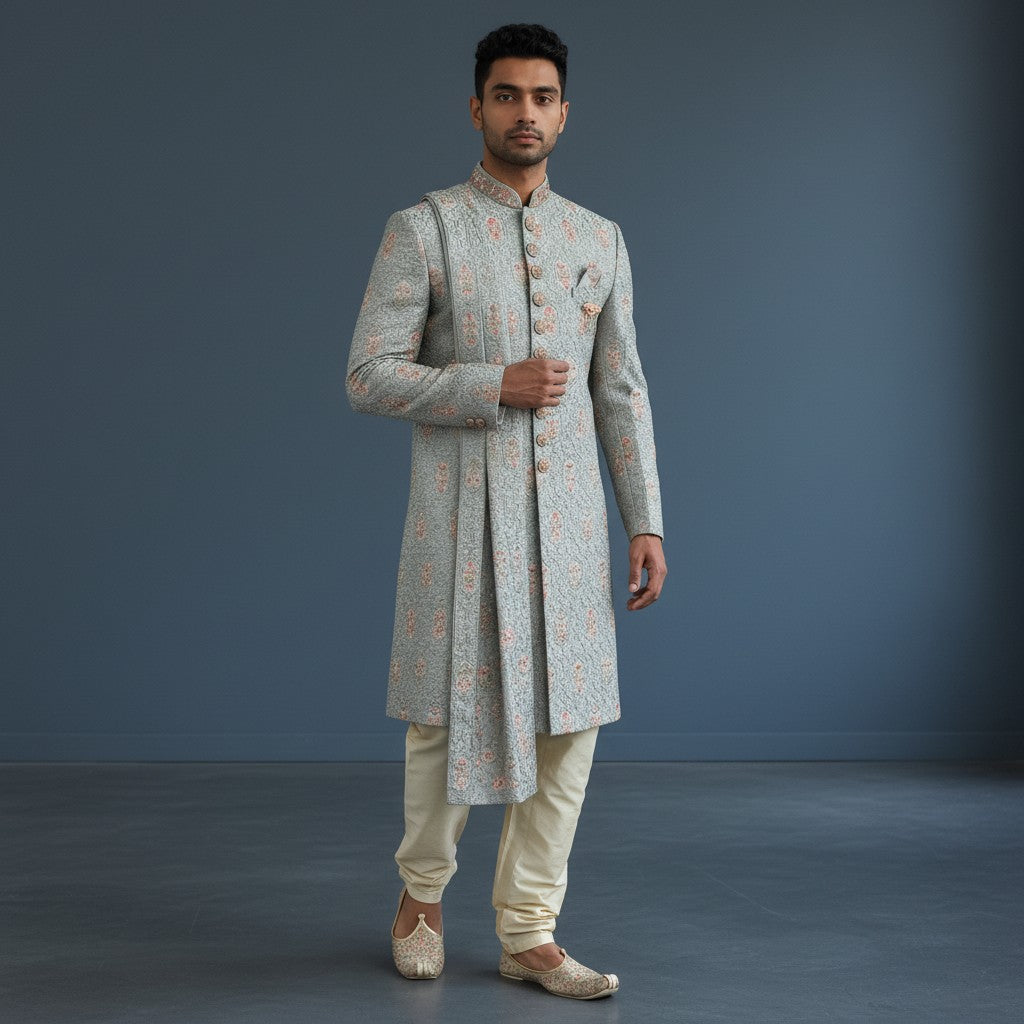 A Gray Colored Self Design Sherwani
