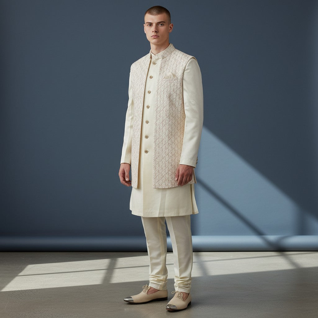 A Cream Colored Self Design Sherwani