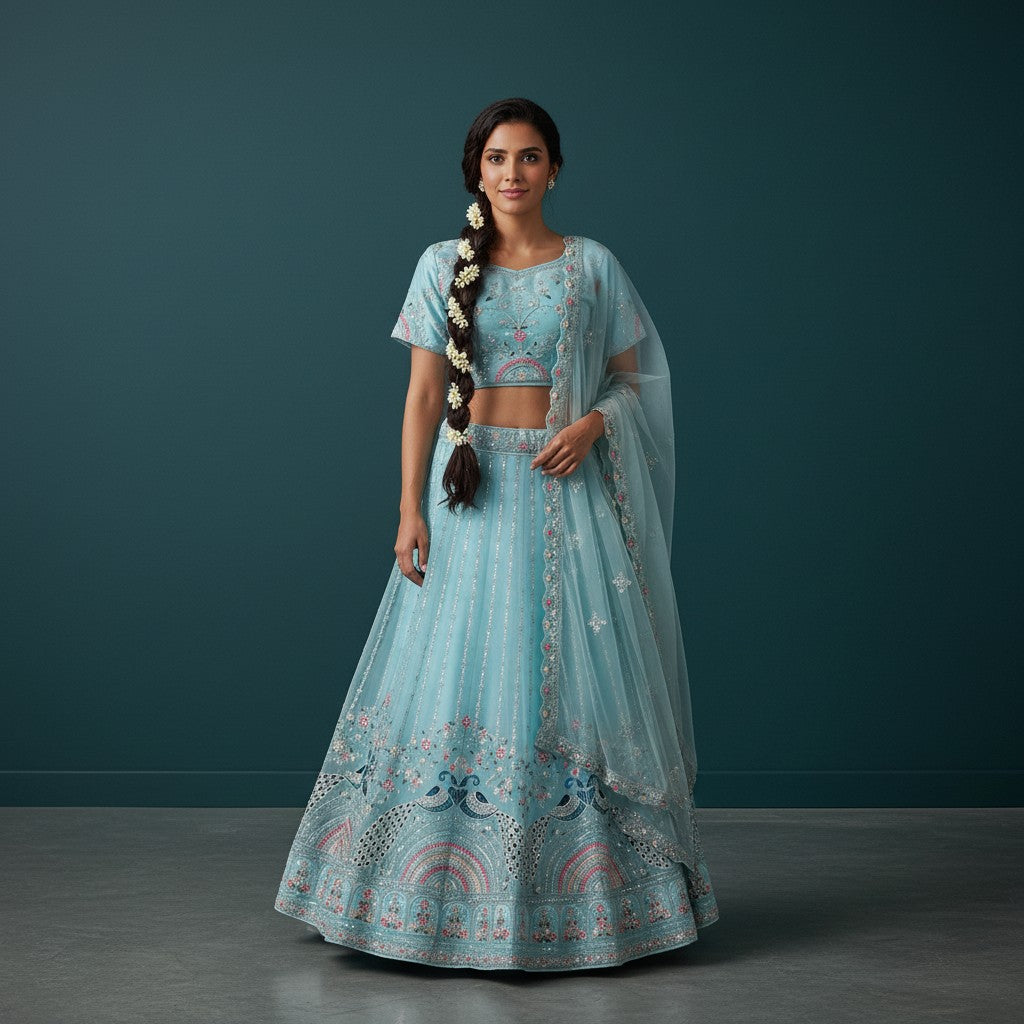 Elegant Pastel Blue Lehenga with Peacock Motifs & Vertical Sequins - Festive Wedding Wear
