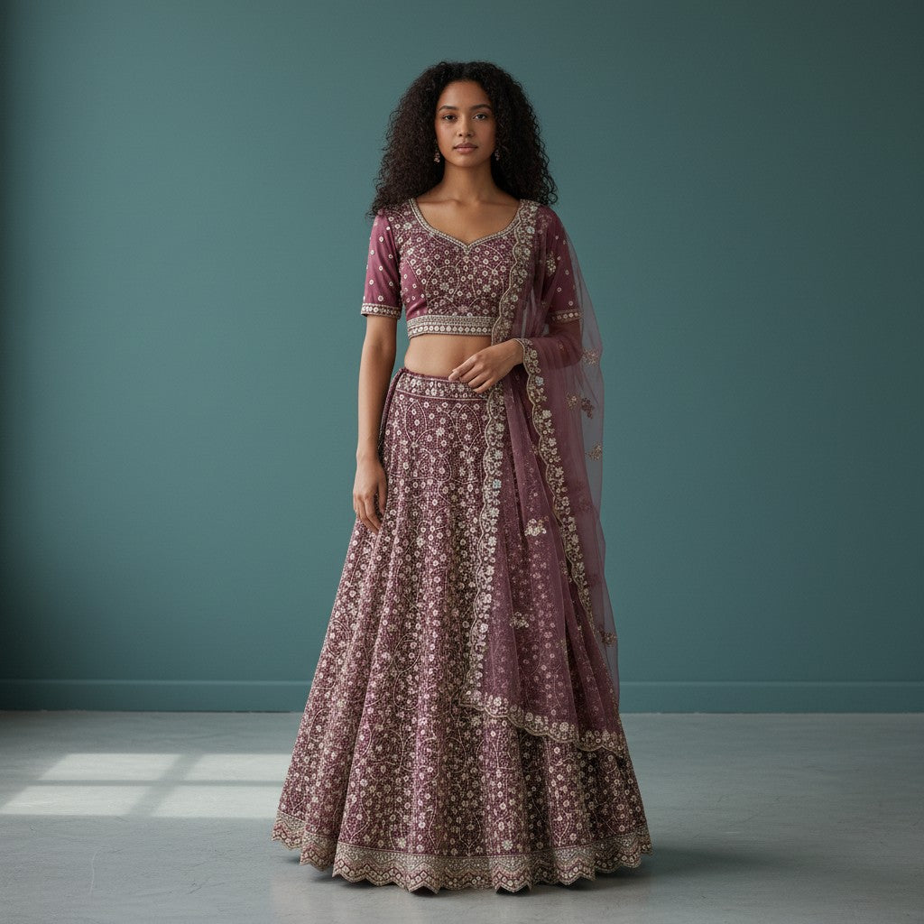 Burgundy Floral Embroidered Lehenga Choli Set with Sheer Dupatta