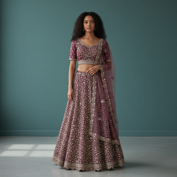 Burgundy Floral Embroidered Lehenga Choli Set with Sheer Dupatta