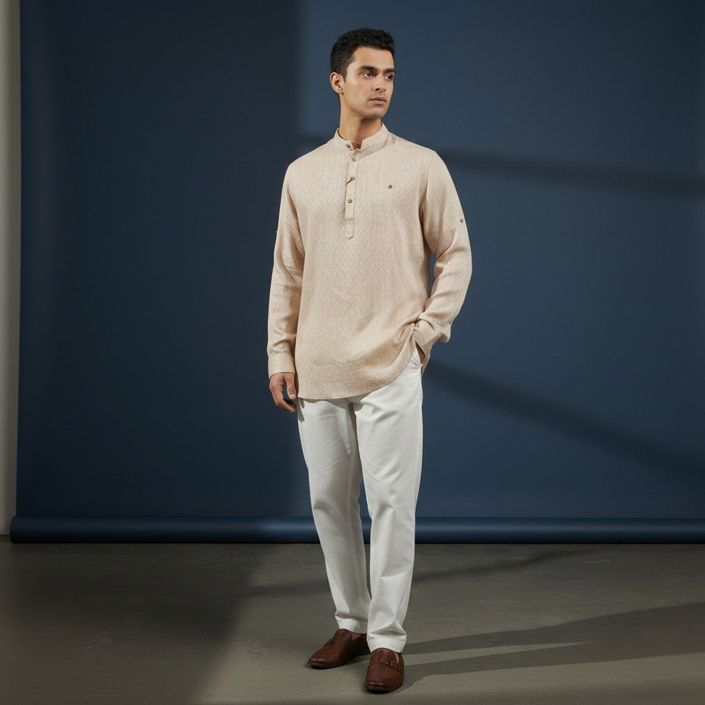 Men's Cream Linen Cotton Funky Half Kurta
