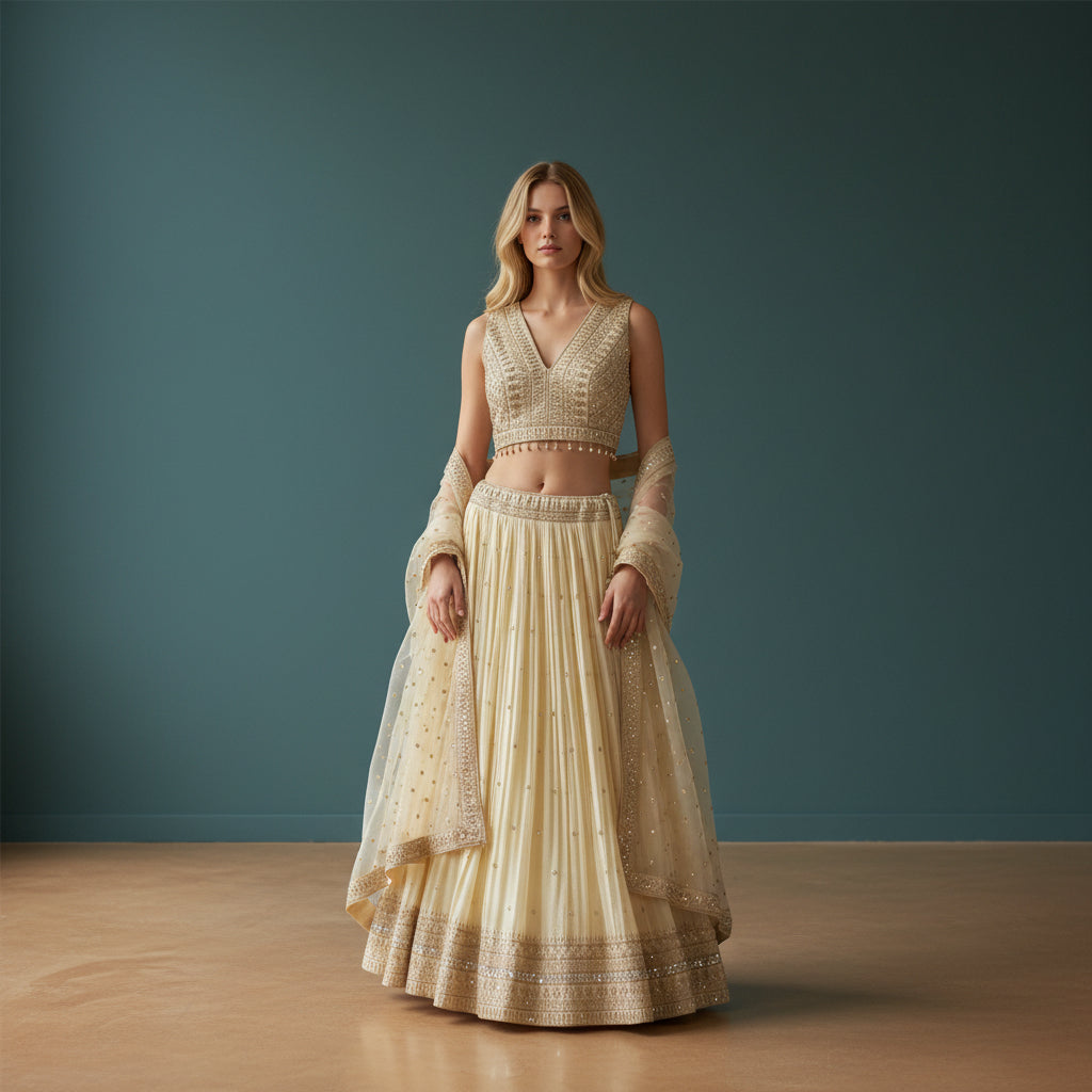 Georgette Pleated Skirt with Embroidered Blouse
