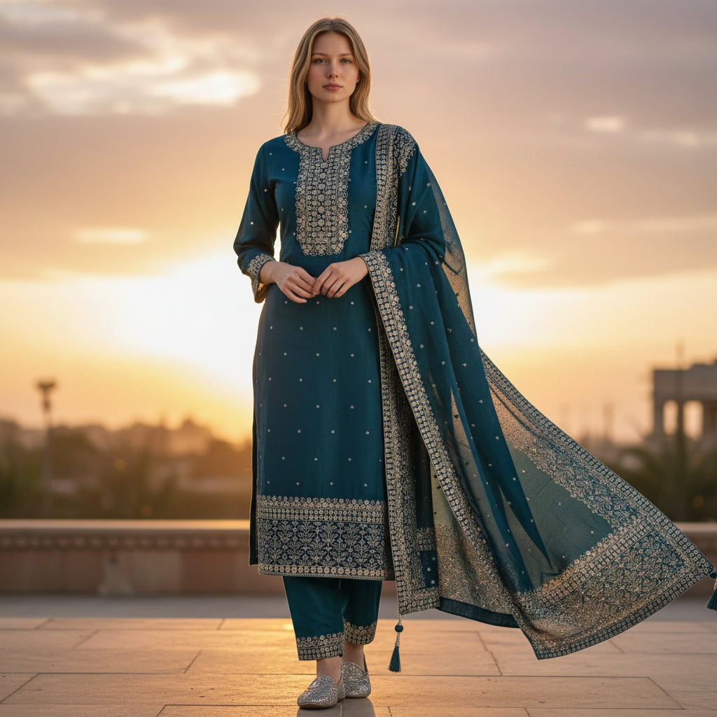 Silk Blend Kurta Set with Geometric and Floral Embroidery