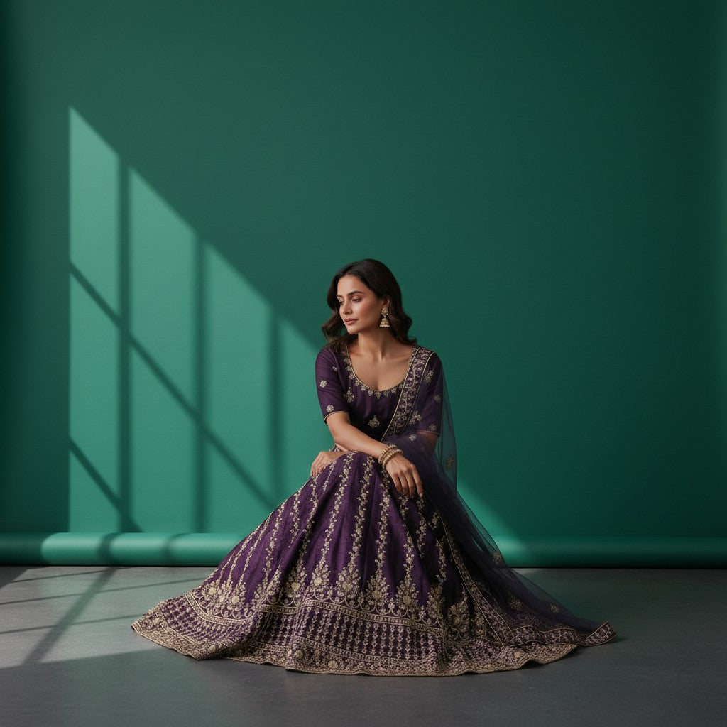 Elegant Deep Wine Lehenga with Velvet Blouse and Net Skirt