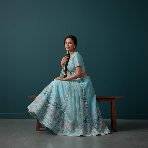 Elegant Pastel Blue Lehenga with Peacock Motifs & Vertical Sequins - Festive Wedding Wear