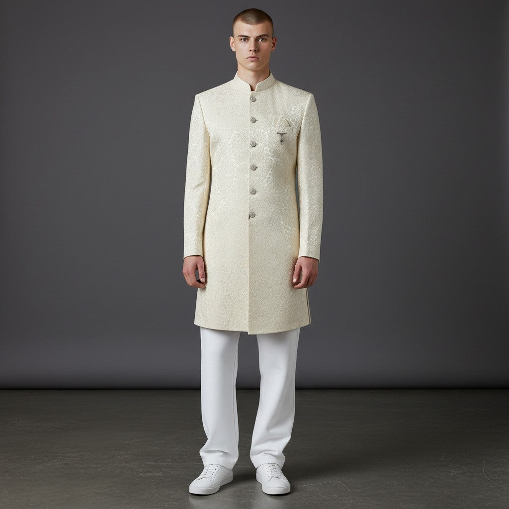 A Off White Self Design Sherwani