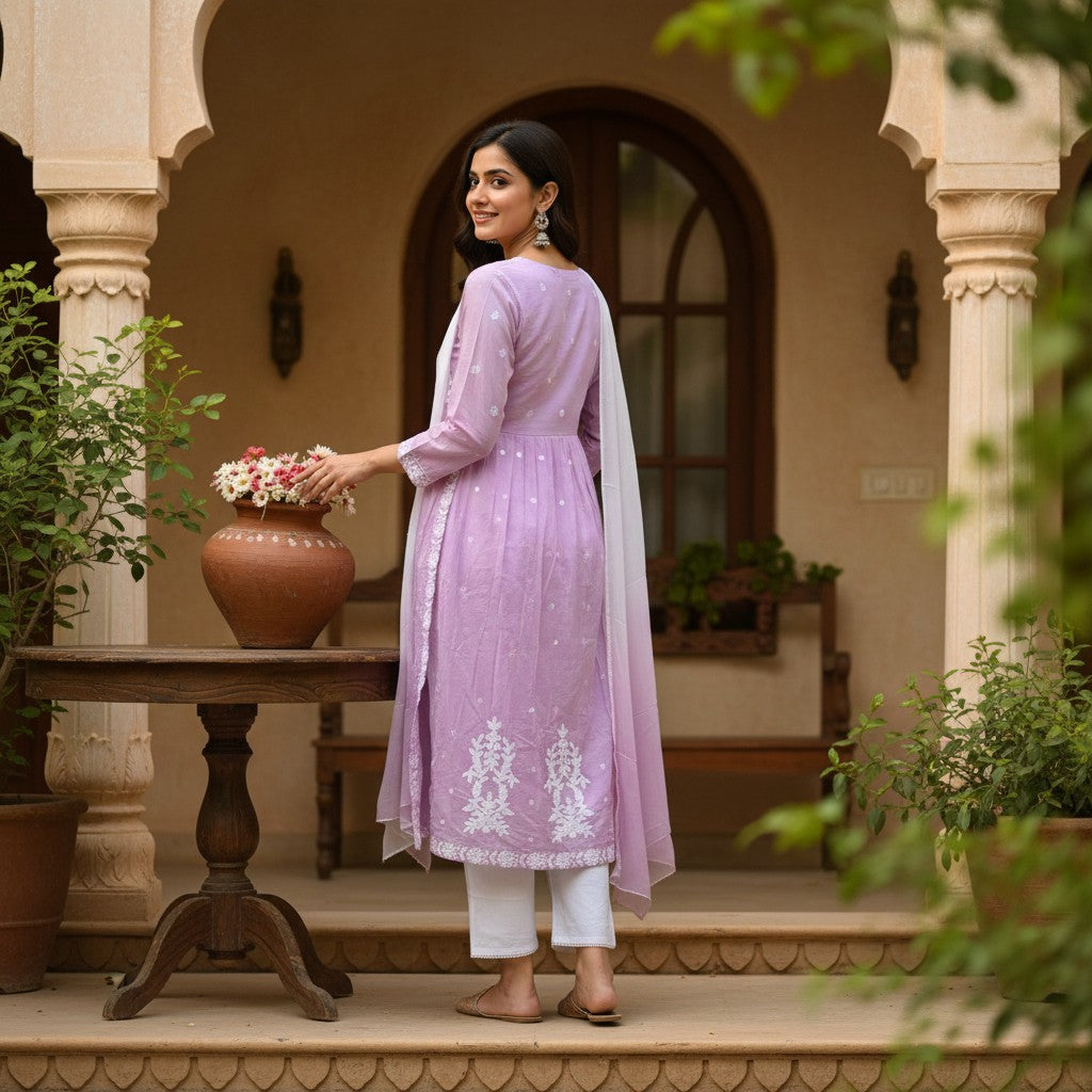 Lavender Chikankari Style Suit with white floral embroidery and white pants