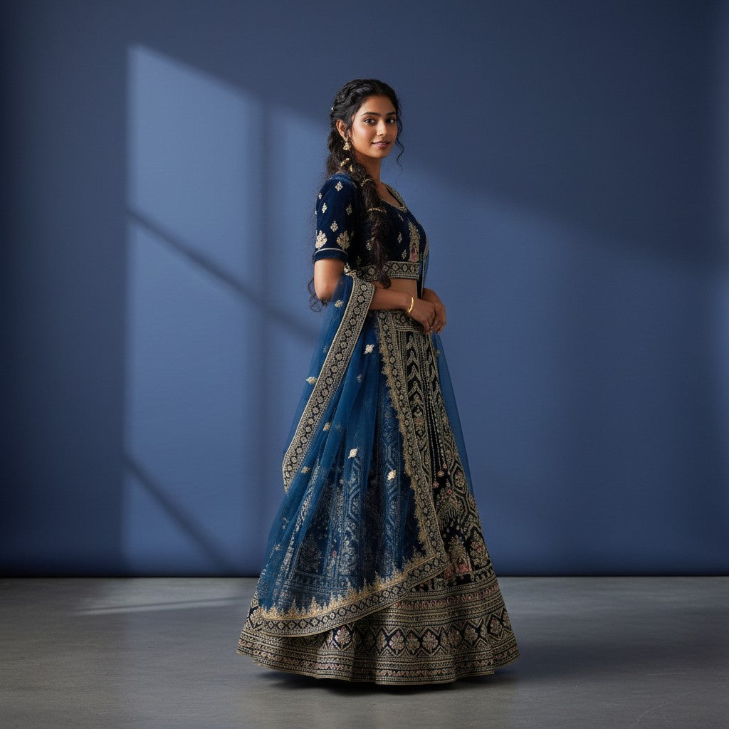 Heavy Bridal-Style Navy Blue Lehenga with Gold Zardosi Work