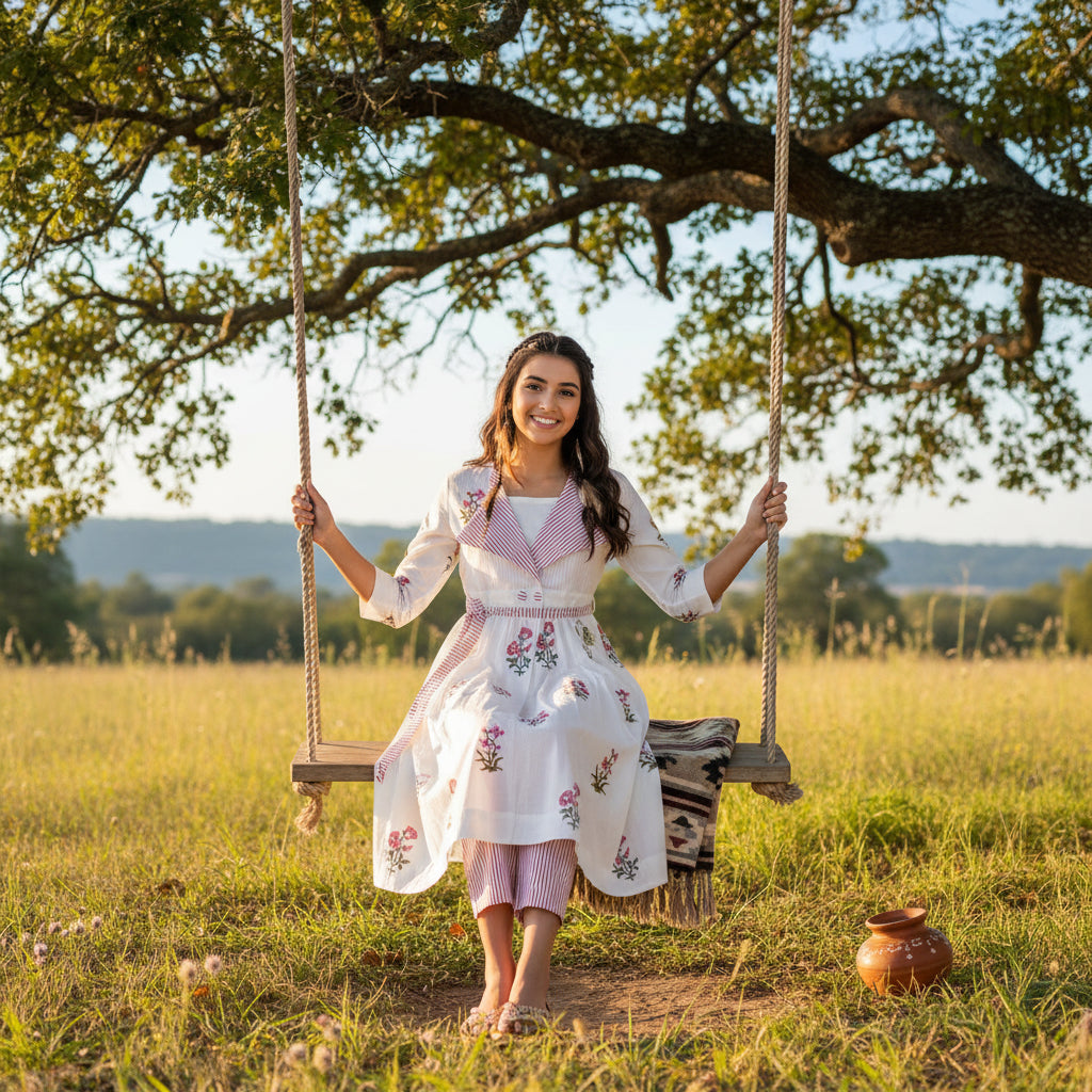 Fine Cotton Kurta Set with Striped Borders
