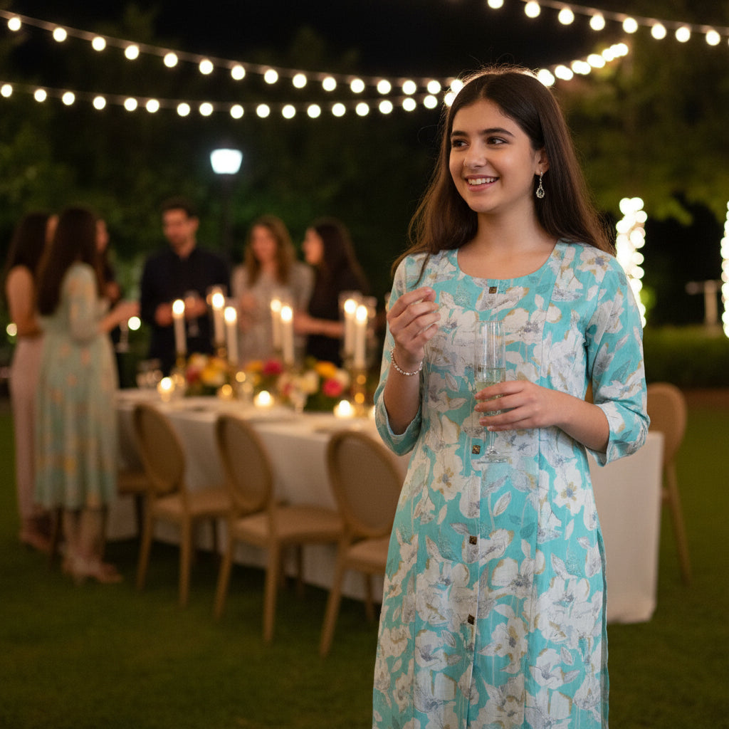 Seafoam Floral Easy-Feed Nursing Kurta with Striped Trousers