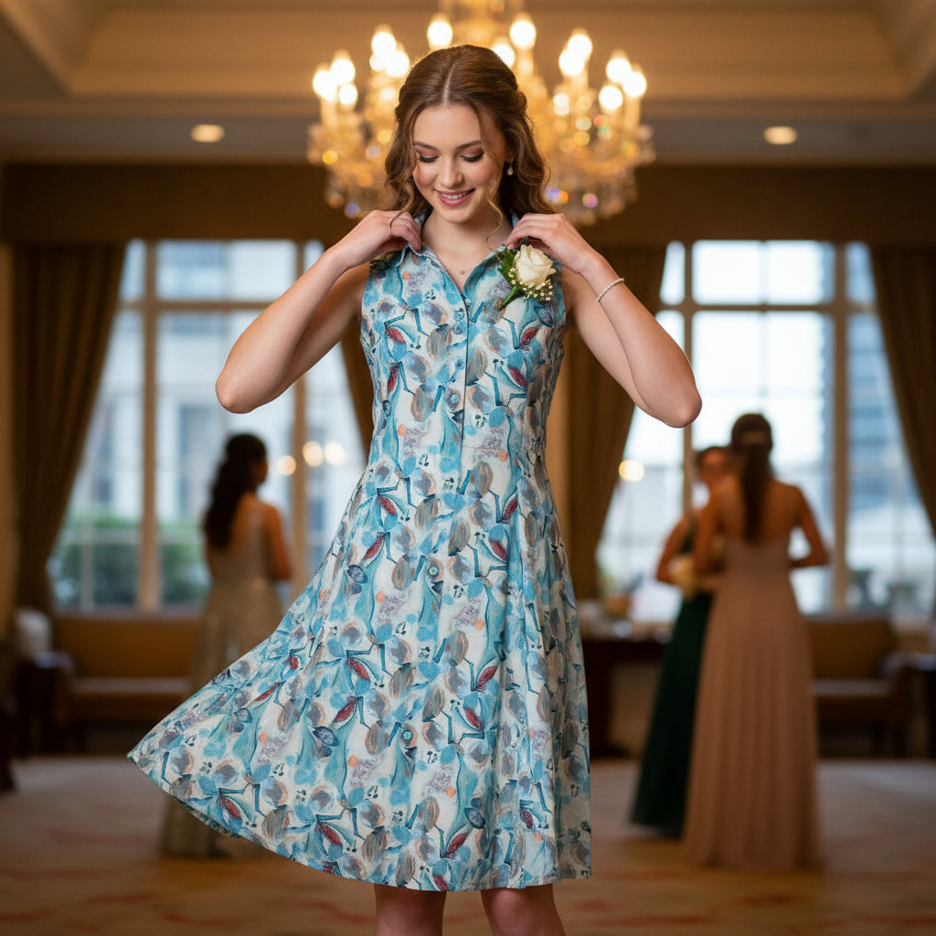 Sleeveless button-down midi dress with collared neck and abstract floral/watercolor print