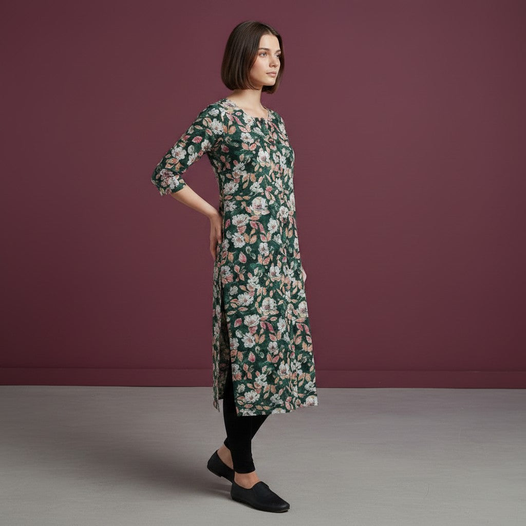 Ladies Kurthi - Teal with White and Pink Floral Pattern