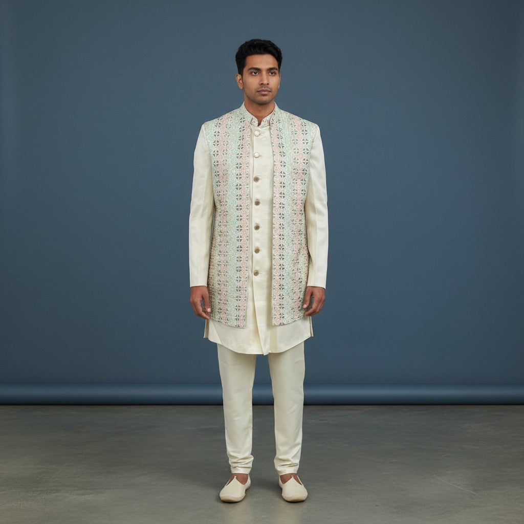 A Multi Colored Self Design Sherwani