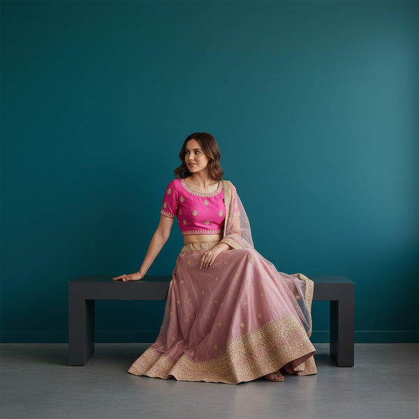Rani Pink & Mauve Tissue Lehenga with Gold Zardosi Embroidery