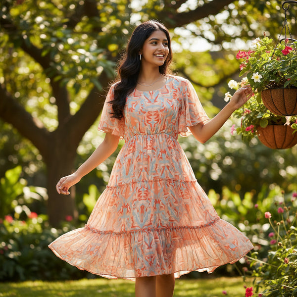Flutter-sleeve Tiered Dress with Abstract Ikat Print