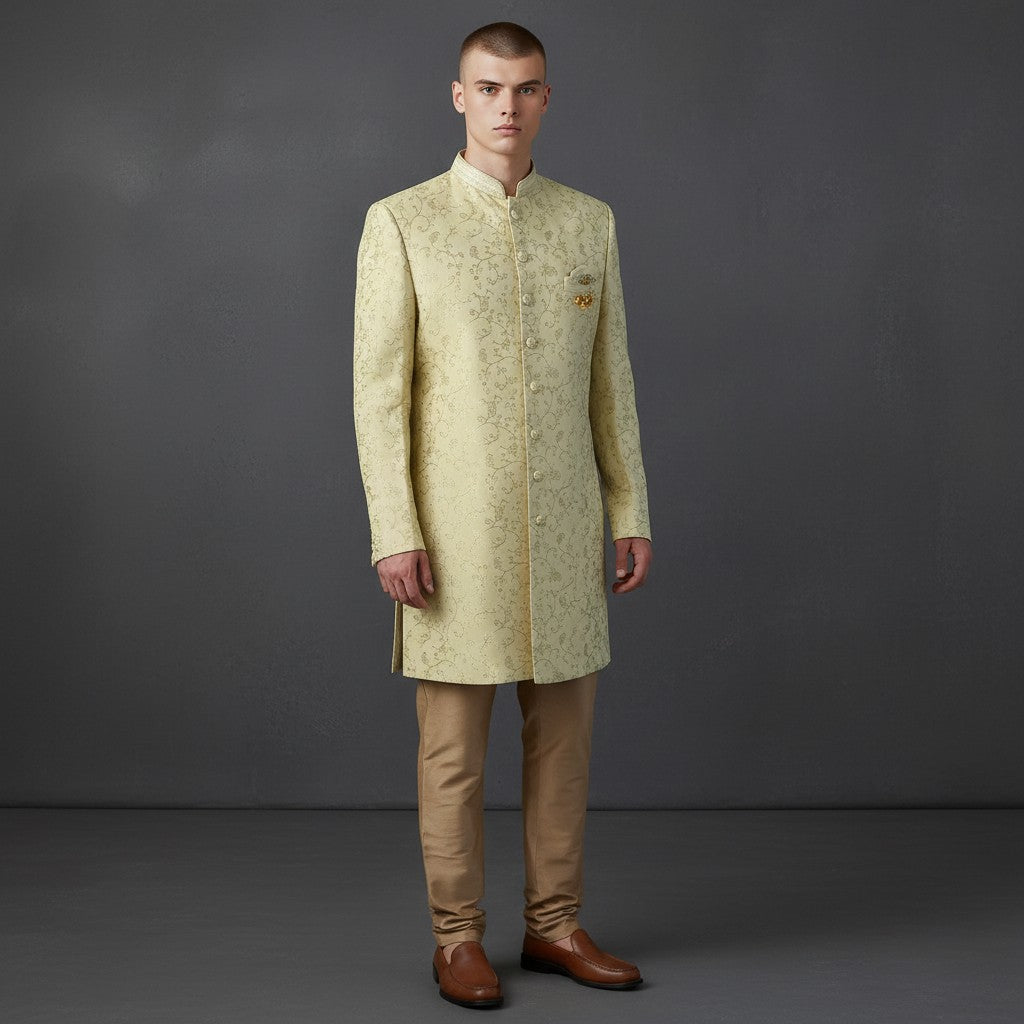 A Yellow Colored Self Design Sherwani
