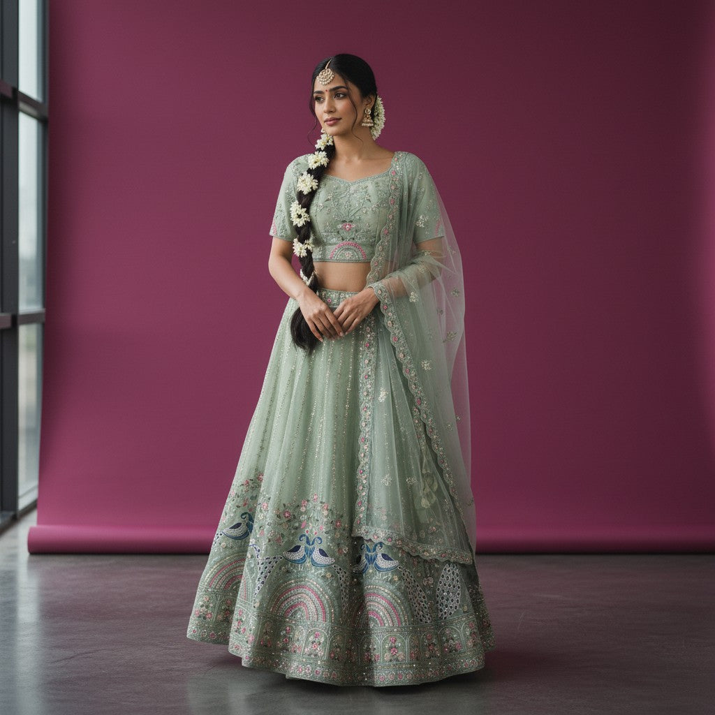 Mint Green Embroidered Lehenga with Peacock Motifs