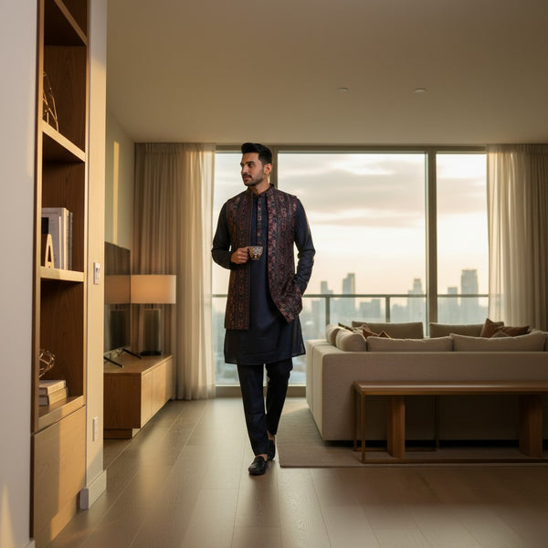 Men Navy Blue Kurta Set with Embroidered Burgundy Waistcoat