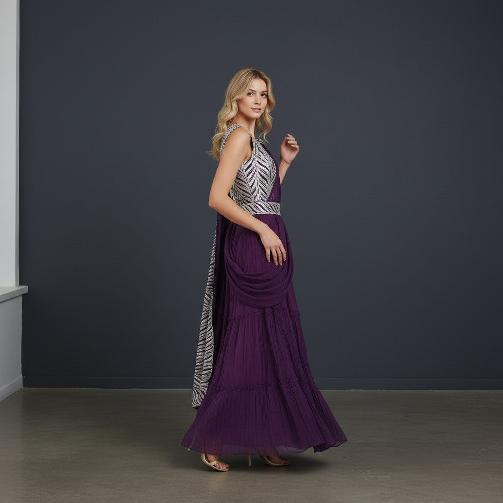 Festive Purple Tiered Lehenga/Sharara Set with Silver Embroidered Sleeveless Blouse and Draped Dupatta