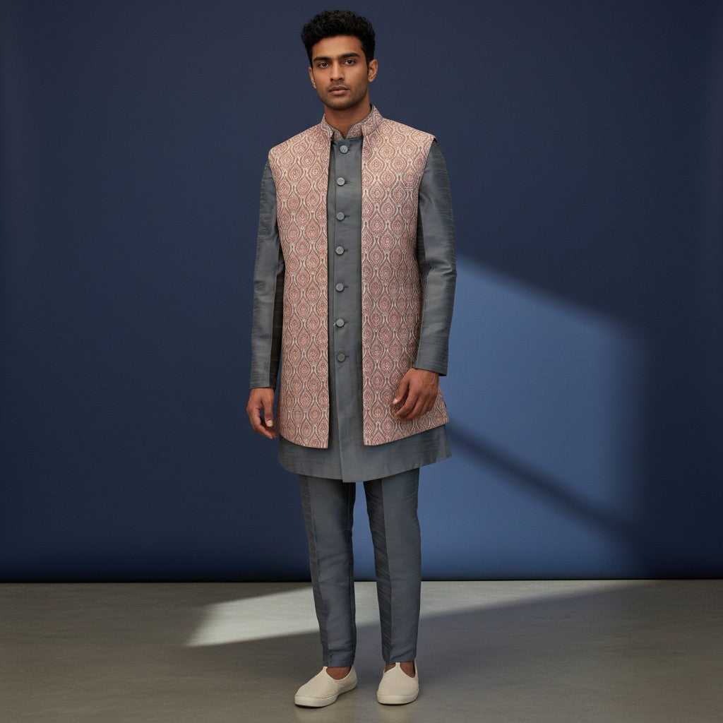 Gray Kurta Pant Set with Pink Vest for Men