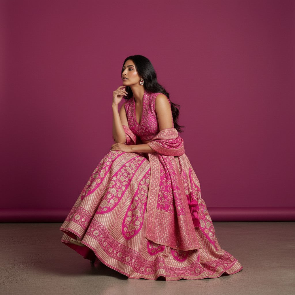 Elegant Banarasi-style Lehenga with Chevron Patterns and Floral Borders