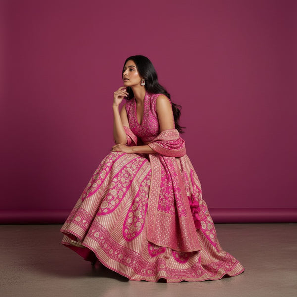 Elegant Banarasi-style Lehenga with Chevron Patterns and Floral Borders