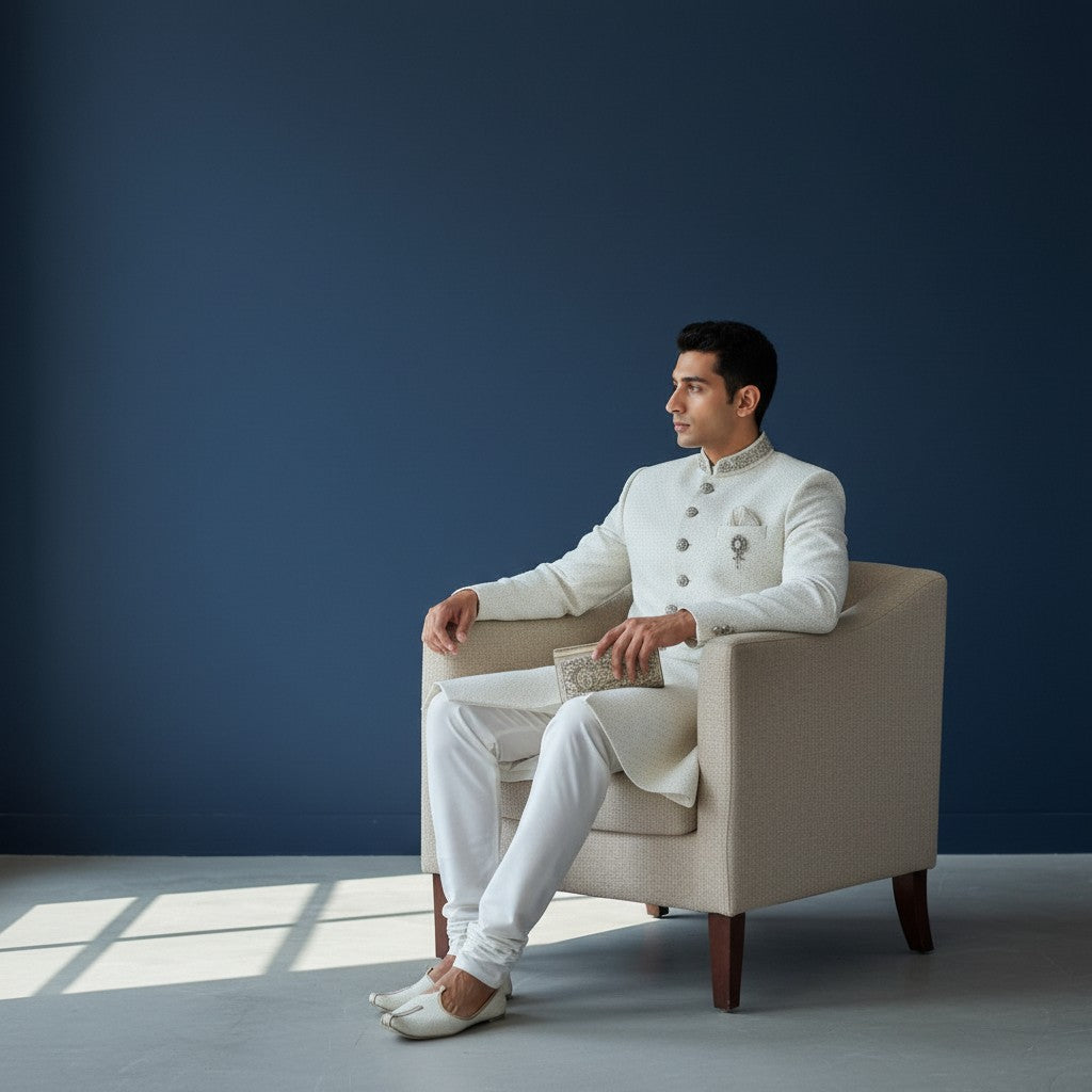 A White Self Design Sherwani