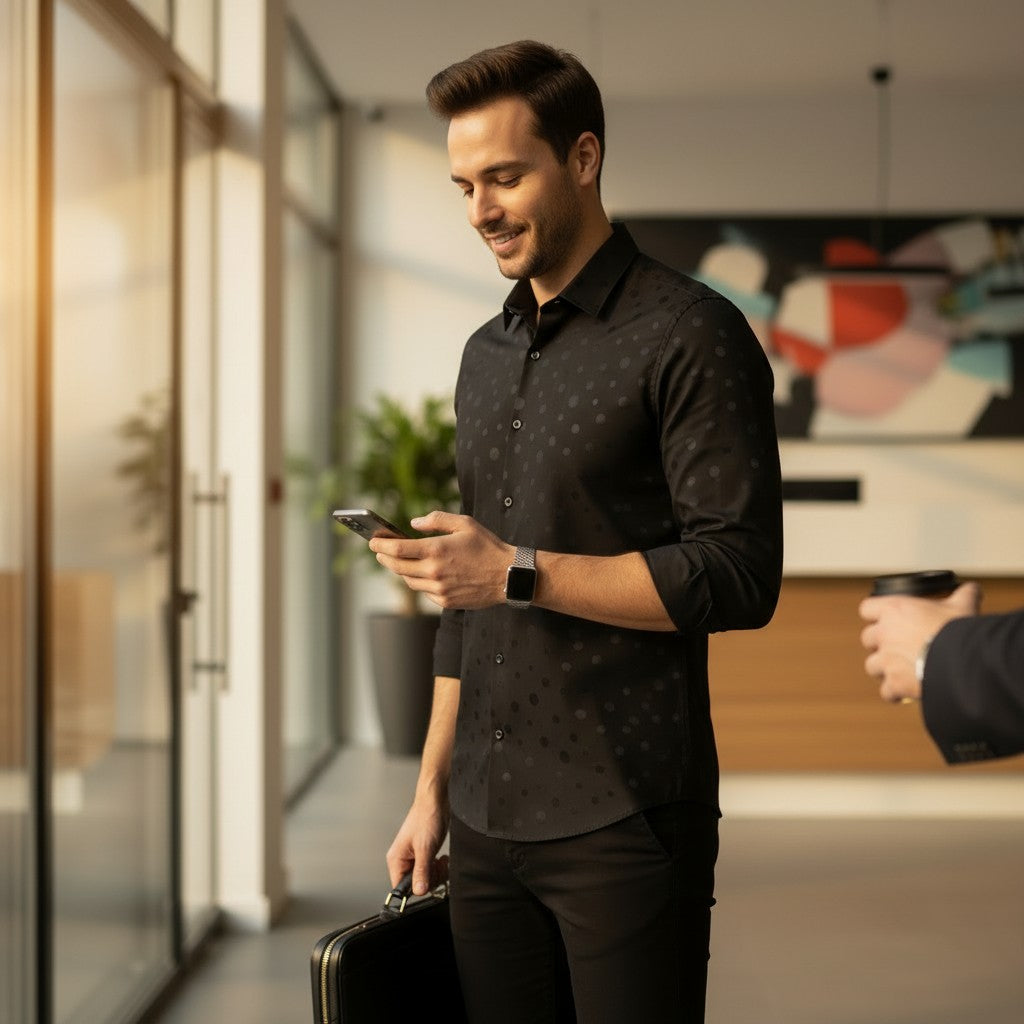 Men's Black Dotted Long-Sleeve Shirt