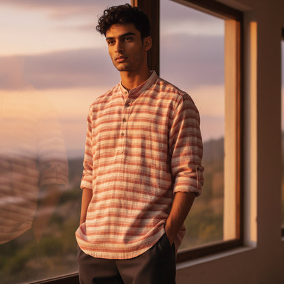 Linen Cotton Striped Half Kurta