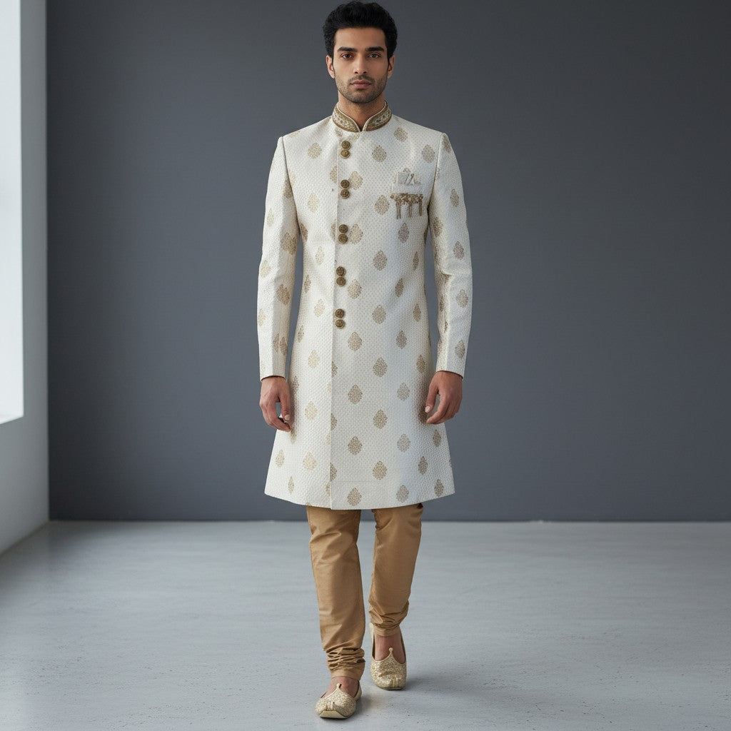 A Off White Colored Self Design Sherwani
