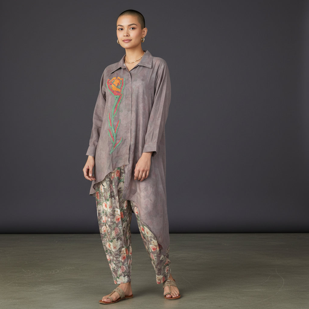 Satin Finish Poly Asymmetrical Long-Line Shirt and Tapered Pants