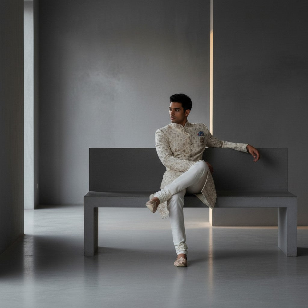 A Cream Colored Self Design Sherwani