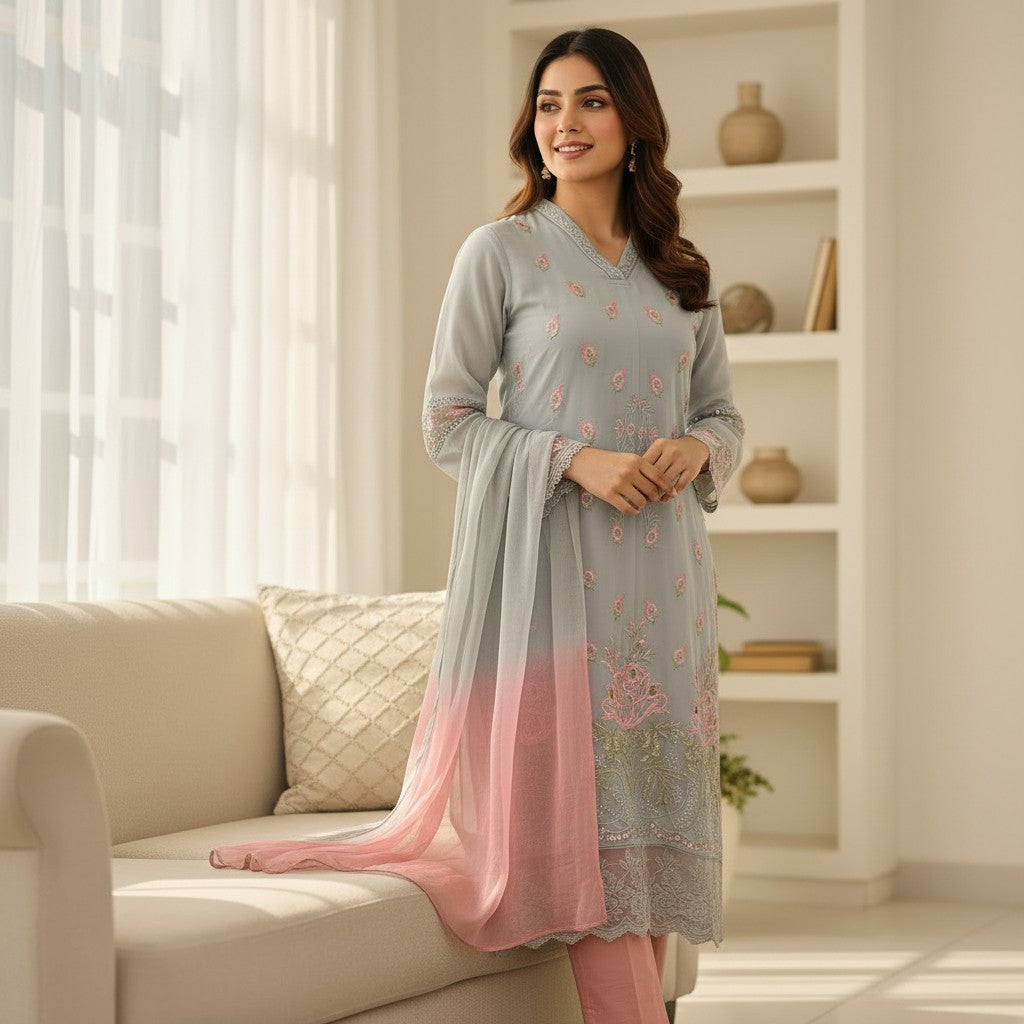 Grey & Peach Embroidered Suit with Heavy Lace Hem and Peach Trousers