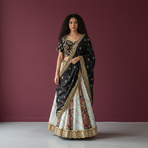 Traditional Patterned Lehenga with Black Blouse and Gold Dupatta