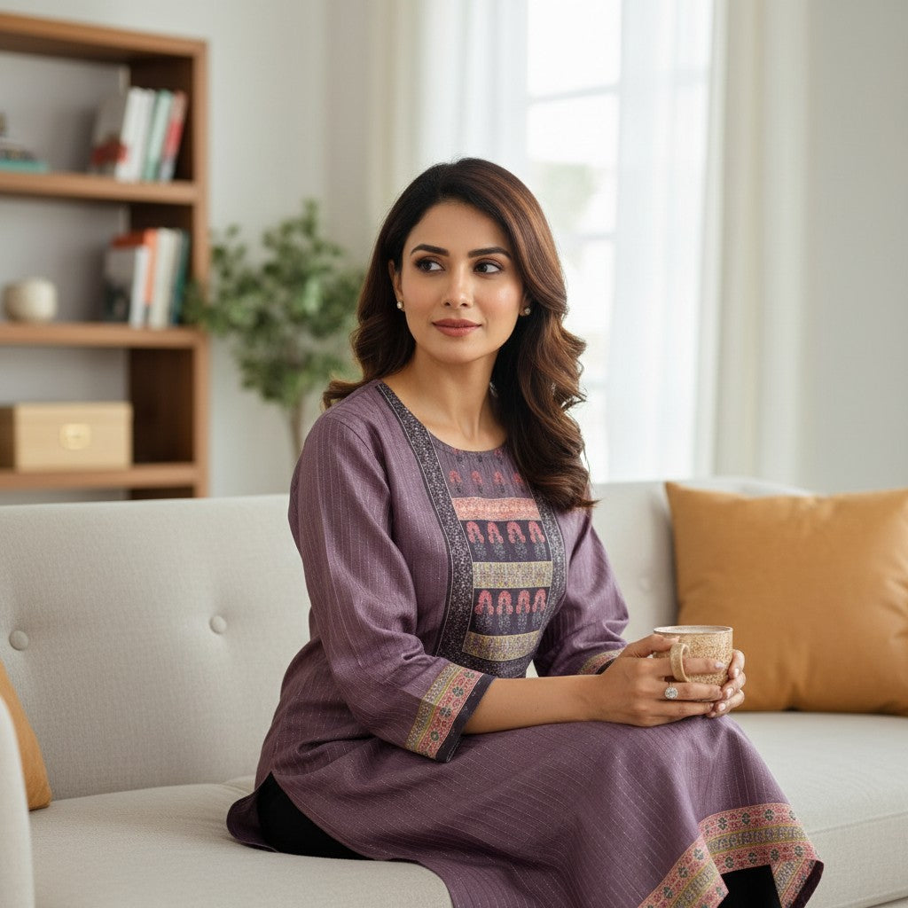Ladies Kurthi - Purple/Plum with Textured Stripes and Decorative Border