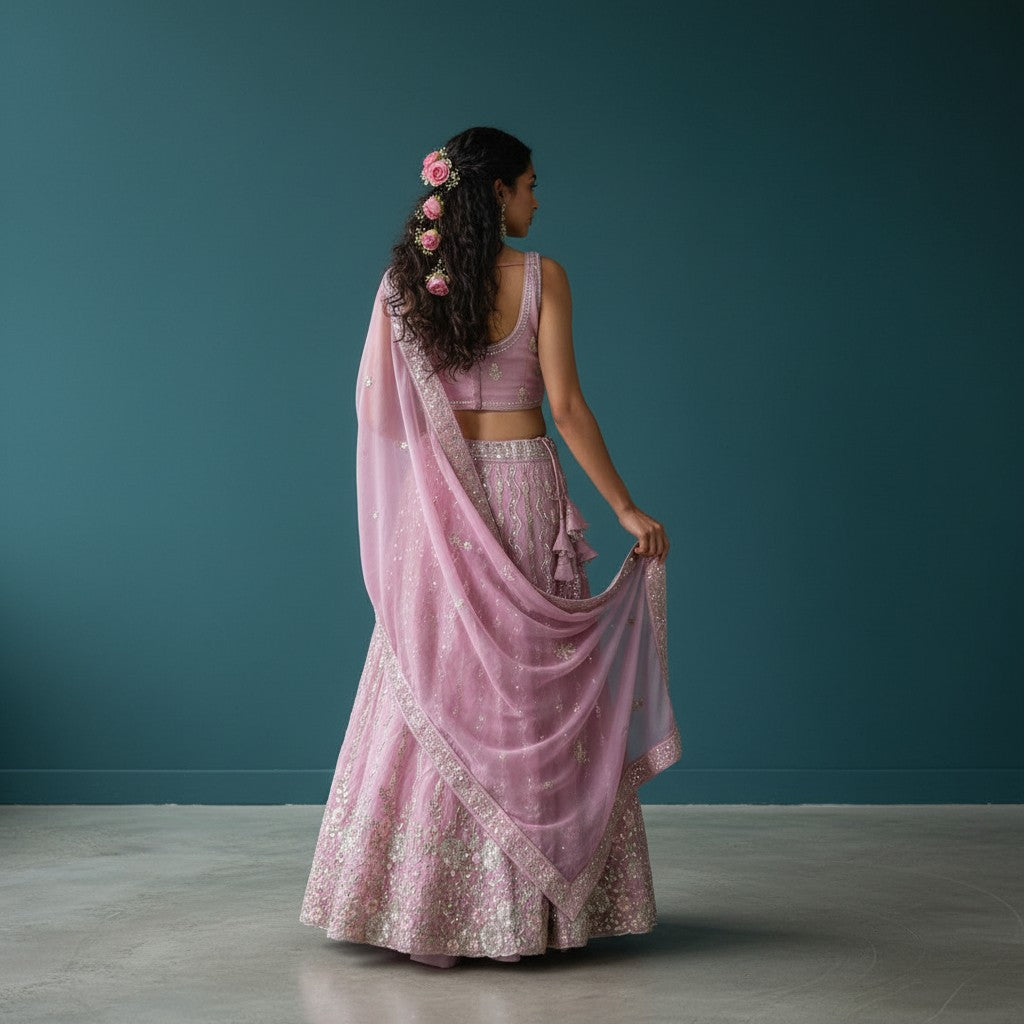 Sophisticated Lehenga with Vertical Geometric Embroidery and Floral Vine Motifs