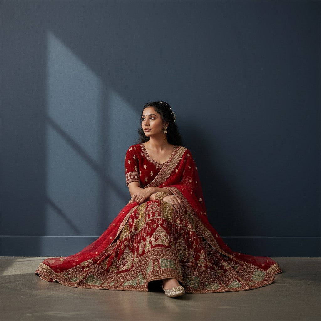 Rich Velvet Bridal Lehenga with Gold Tilla Work