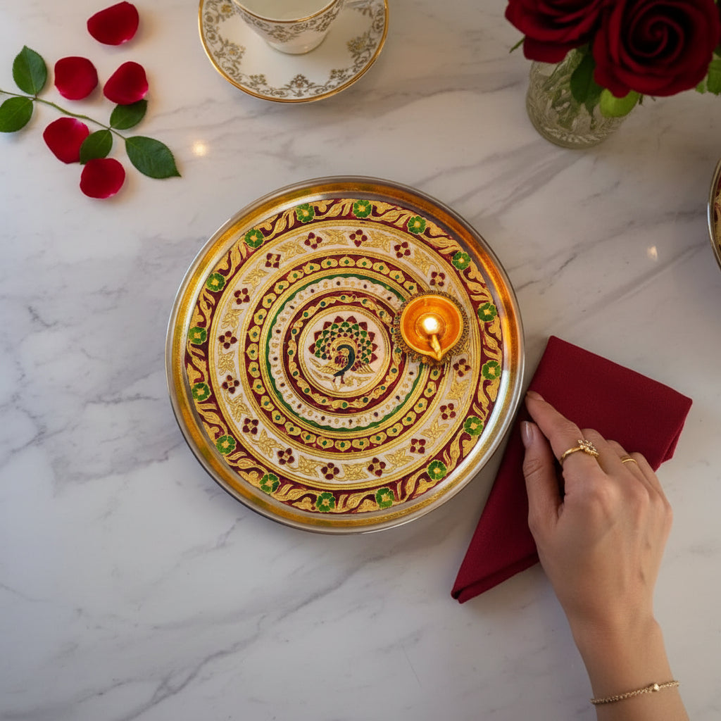 Handcrafted Meenakari Thali – Floral Border with Golden Accents