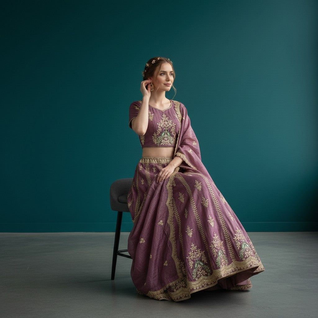 Elegant Purple Lehenga with Gold Zari Work and Peacock Motifs