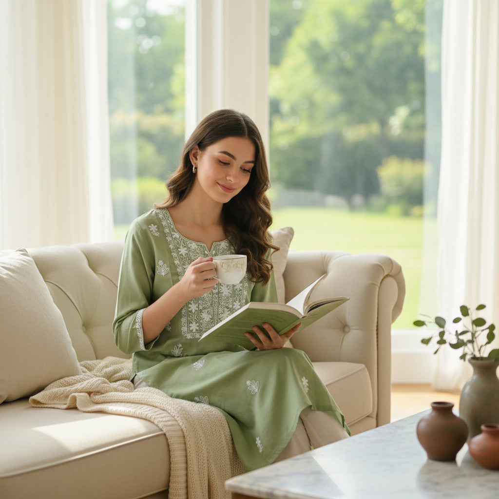 Sage Green Straight-Cut Kurta with White Chikankari Embroidery